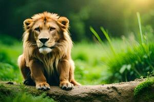 a lion sitting on a rock in the grass. AI-Generated photo