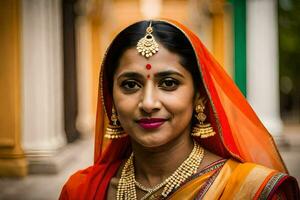 a woman in an orange sari and gold jewelry. AI-Generated photo