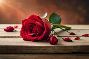 red rose on wooden table with sun shining in background. AI-Generated photo