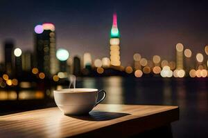 a cup of coffee on a wooden table in front of a cityscape. AI-Generated photo