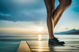 un mujer piernas en un par de Zapatos en un muelle. generado por ai foto