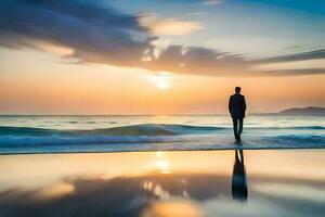 un hombre en pie en el playa a puesta de sol. generado por ai foto