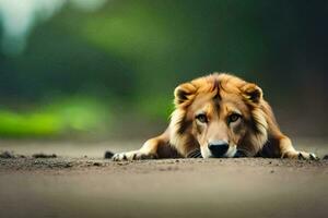 un león tendido en el suelo en el medio de un campo. generado por ai foto