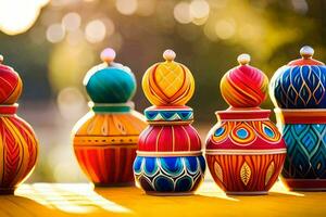 colorful wooden vases on a table. AI-Generated photo