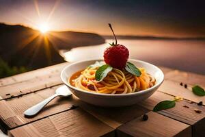 spaghetti with a strawberry on top of a wooden table. AI-Generated photo