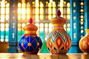 three colorful vases are sitting on a table. AI-Generated photo