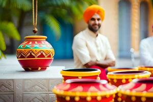 two men in turbans are sitting next to colorful pots. AI-Generated photo