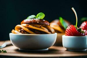 a plate of food with strawberries and a bowl of pasta. AI-Generated photo