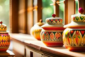 colorful pots on a window sill. AI-Generated photo