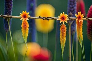 flowers on a wire fence. AI-Generated photo