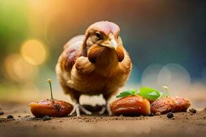 a chicken is standing on the ground with dates. AI-Generated photo