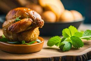 a chicken on a wooden plate with herbs. AI-Generated photo