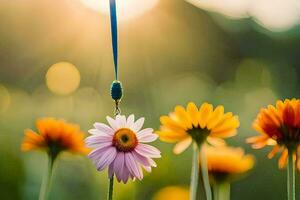 a blue string is hanging from a flower. AI-Generated photo