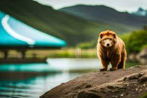 un marrón oso en pie en un rock cerca un lago. generado por ai foto