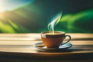 a cup of coffee on a wooden table. AI-Generated photo