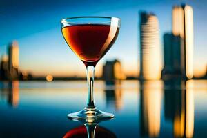 a glass of red wine on a table in front of a city skyline. AI-Generated photo