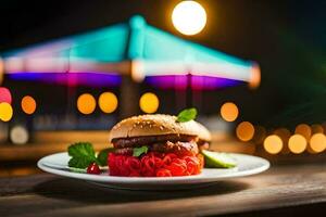 un hamburguesa con rojo repollo en un lámina. generado por ai foto