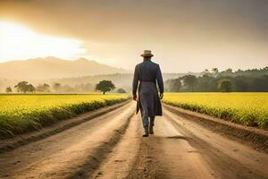 un hombre en un sombrero camina abajo un suciedad la carretera. generado por ai foto