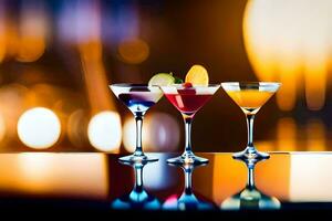 three martini glasses with colorful drinks on a bar. AI-Generated photo