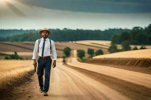 un hombre en un sombrero y Corbata caminando abajo un suciedad la carretera. generado por ai foto