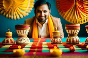 a man sitting at a table with colorful vases. AI-Generated photo