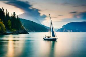 a sailboat in the middle of a lake. AI-Generated photo