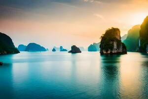 el Dom conjuntos terminado el agua en halong bahía, Vietnam. generado por ai foto