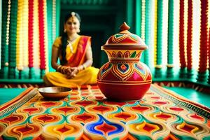 a woman in a colorful sari sits on a table with a colorful pot. AI-Generated photo