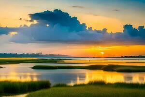 sunset over the marsh, water, marsh, water, marshland, water, marshland. AI-Generated photo