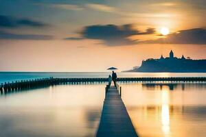 un hombre soportes en un muelle mirando a el Dom. generado por ai foto