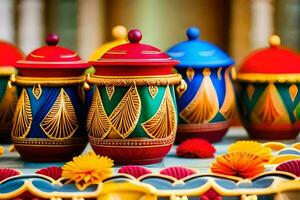 colorful pots with decorative designs on them sit on a table. AI-Generated photo