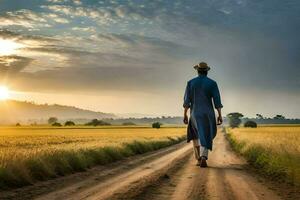 a man in a blue suit walks down a dirt road. AI-Generated photo