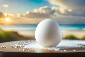 an egg on a table with sugar on it. AI-Generated photo