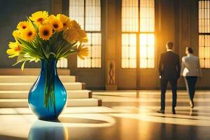 a vase of yellow flowers in a large room. AI-Generated photo