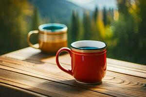dos café tazas en un de madera mesa con montañas en el antecedentes. generado por ai foto
