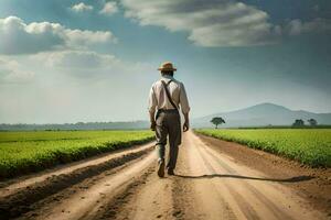 a man in a hat and overalls walking down a dirt road. AI-Generated photo