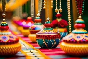 colorful and colorful pots and vases are hanging from a string. AI-Generated photo