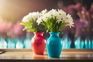 two vases with white flowers sitting on a table. AI-Generated photo