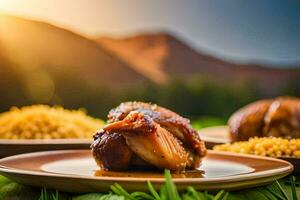 chicken with rice and vegetables on a plate. AI-Generated photo