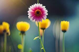 a pink flower is standing in front of yellow flowers. AI-Generated photo