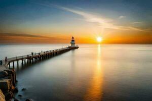 a lighthouse at sunset with a pier in the background. AI-Generated photo