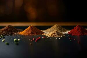 a variety of spices on a black background. AI-Generated photo