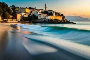 el playa y casas en el apuntalar de un lago. generado por ai foto