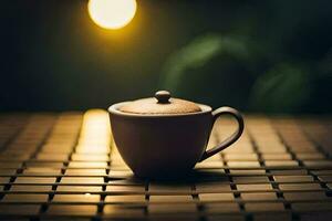 a small cup sitting on a table in front of a bright light. AI-Generated photo