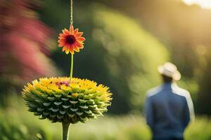 a man is standing in front of a flower pot with a flower hanging from it. AI-Generated photo