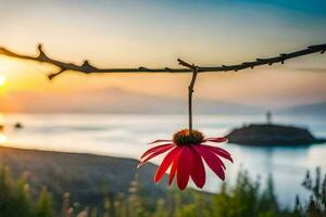 a red flower hangs from a branch at sunset. AI-Generated photo