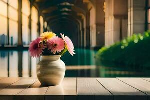flores en un florero en un mesa en frente de un piscina. generado por ai foto