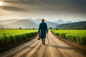 a man in blue walking down a dirt road with a cane. AI-Generated photo