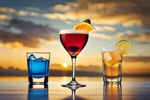 three different drinks are sitting on a table with the sunset in the background. AI-Generated photo