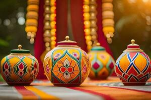 colorful decorated pots on a table with a light behind them. AI-Generated photo